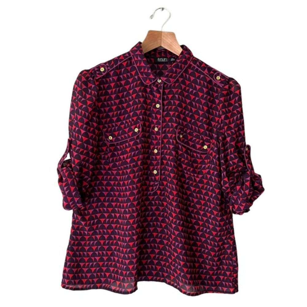 A.N.A Women's Purple Red Geo Print Sheer Half Button Casual Top Shirt Size PXL